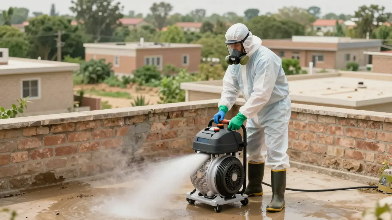 Sewage Backup Cleanup in Arvada: technician in full PPE carefully placing an industrial air mover to direct airflow for