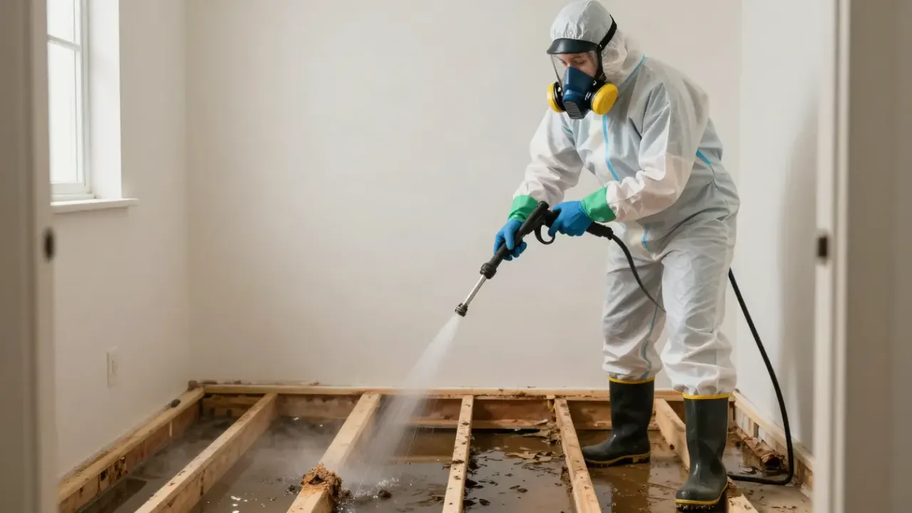 Sewage sanitization & Odor Removal in Arvada: technician in full PPE applying an antimicrobial solution to the exposed