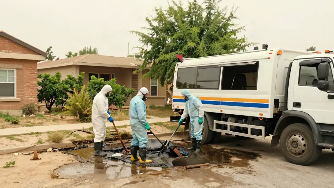 Sewage Backup Cleanup in Arvada: wide shot of a sewage restoration truck parked outside a residential home in Arvada