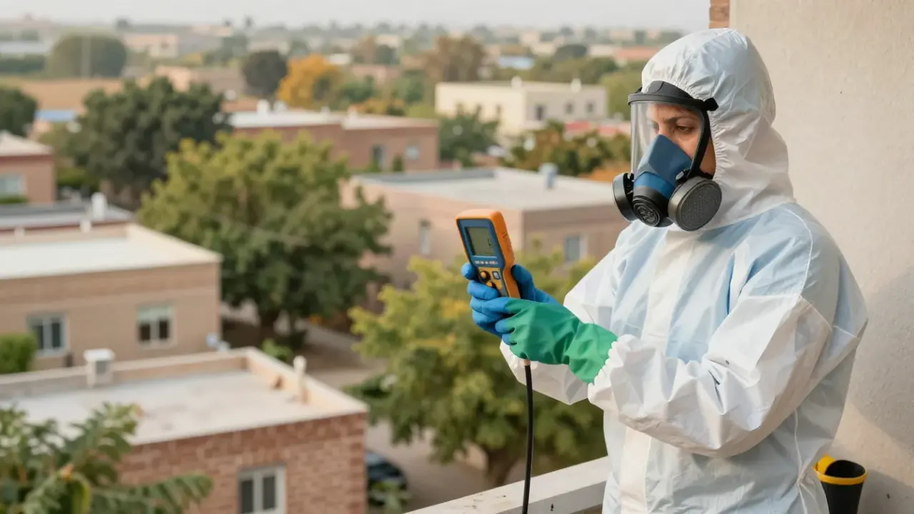 Sewage Backup Cleanup in Arvada: Close-up of a technician's gloved hand holding a moisture meter against a wall, showing the