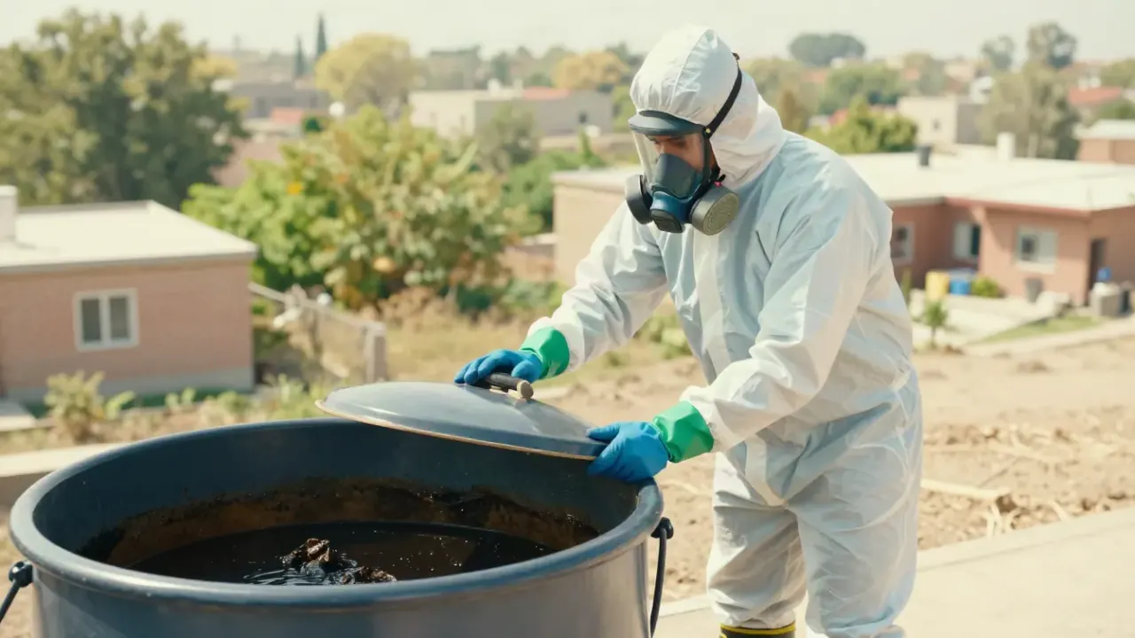 Sewage Backup Cleanup in Arvada: close-up of a technician's gloved hands securing the lid on a large, sealed containment