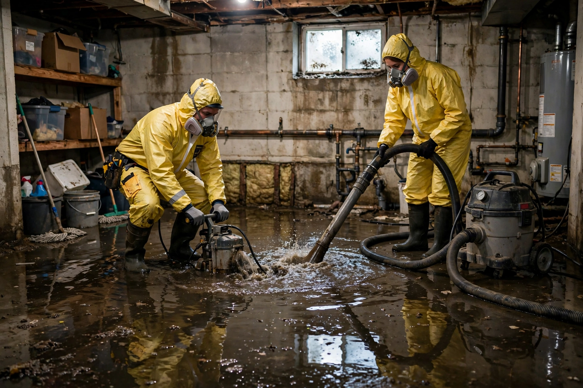 Basement sewage cleanup in Arvada: technician in full PPE removing sections of sewage-soaked drywall from a basement wall