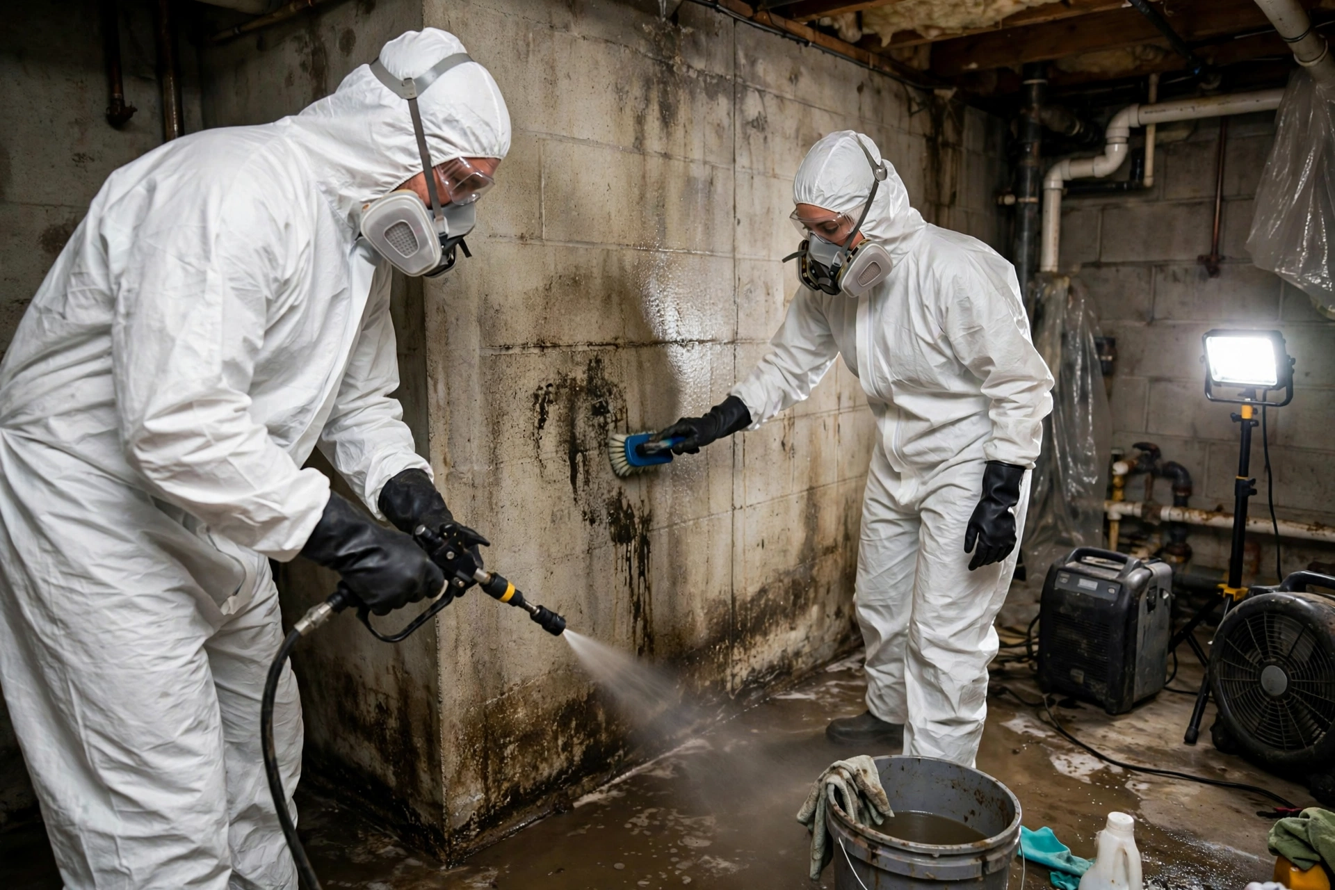 Sewage Backup Cleanup in Arvada: technician in full PPE meticulously wiping down a hard, non-porous surface (like a
