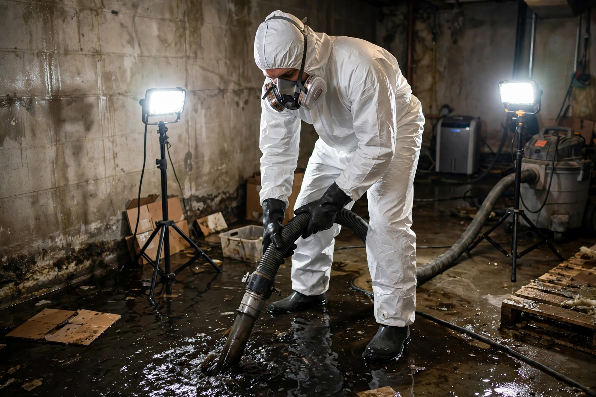 Sewage Backup Cleanup in Arvada: technician in full PPE carefully disconnecting a damaged toilet from its flange in a
