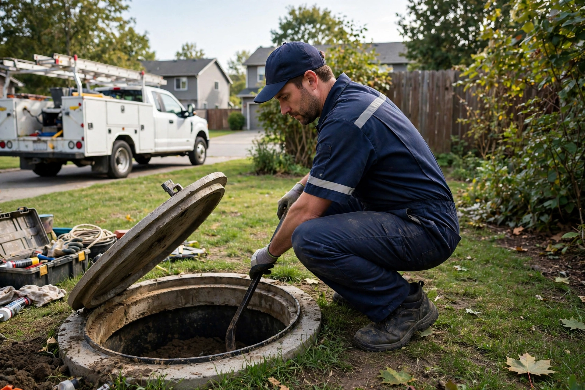 Septic backup cleanup in Arvada: Two technicians in full PPE using shovels and specialized tools to carefully clear a